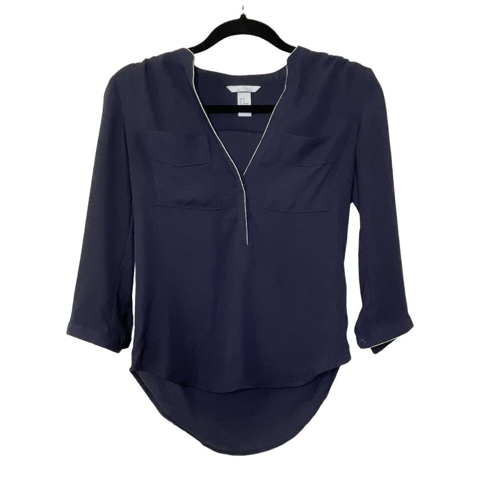 H&M Blouse Long Sleeve High Low Curve Hem V-Neck Breast Pocket Navy Blue Size 2